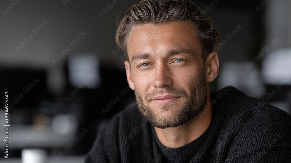 Smiling confident businessman in modern office, proud startup employee at creative agency Smiling confident businessman in modern office, proud startup employee at creative agency