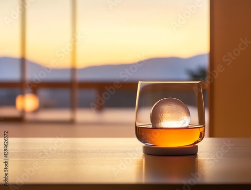 Umeshu with Clear Ice Sphere, Amber Glow, Minimalist