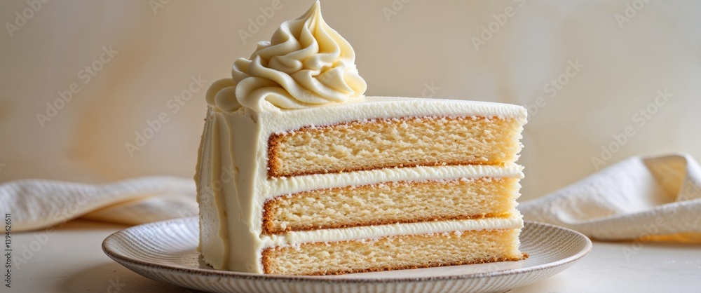 Layered vanilla cake slice with creamy frosting topped with swirls.