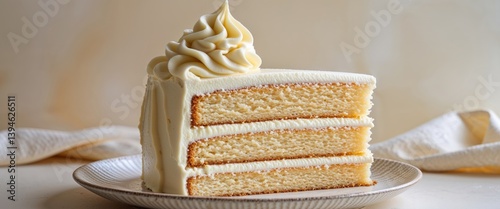 Obraz na płótnie Layered vanilla cake slice with creamy frosting topped with swirls. w salonie