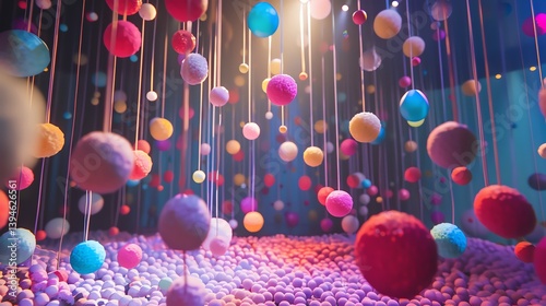 A surreal dreamscape of fluffy, pastel-colored balls suspended in midair by strings.