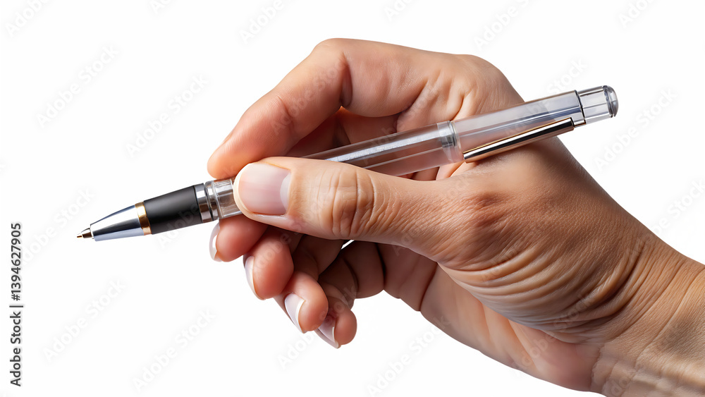 Hand holding silver pen isolated on white background Hand holding silver pen isolated on white background