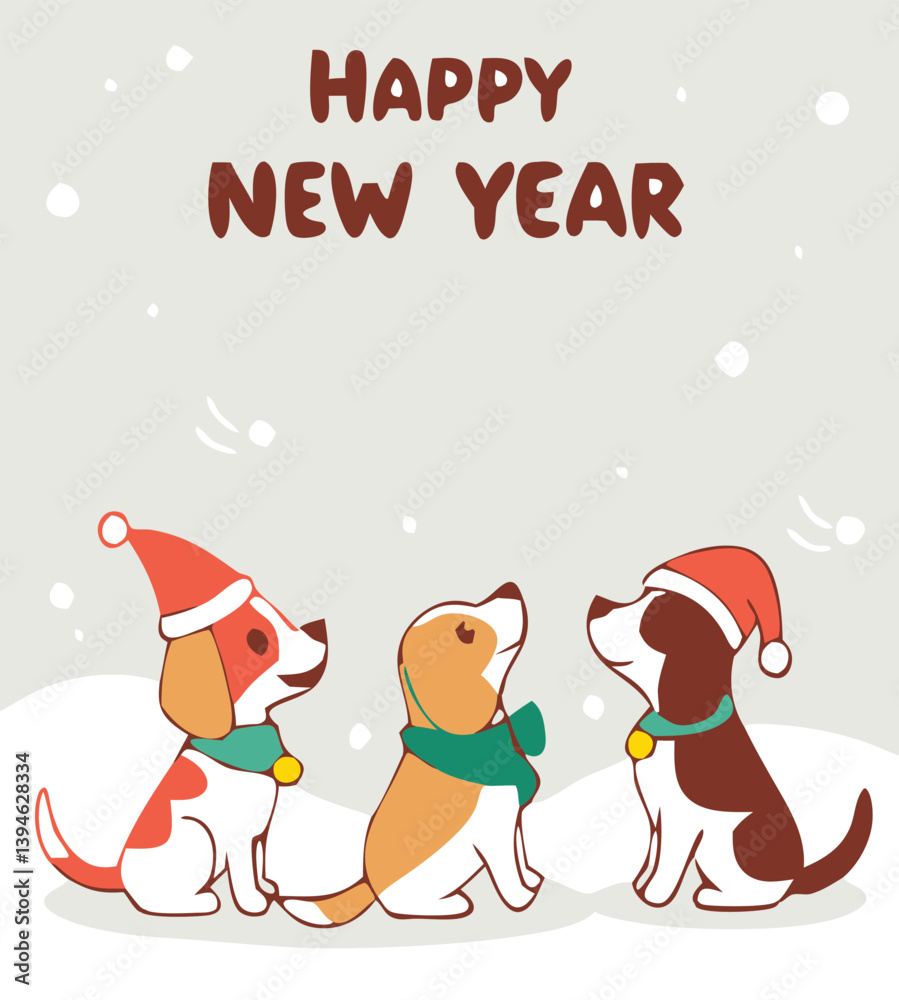 Fototapeta premium Cute Cartoon Dogs Set – Love Themes with Dog Breeds, Winter Outfits, and Festive New Year Decorations for Pet Illustrations and Greeting Cards.