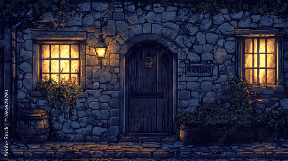 Charming Stone House with Lighted Windows and Wooden Doorway in Pixel Art Style during Night Time Charming Stone House with Lighted Windows and Wooden Doorway in Pixel Art Style during Night Time