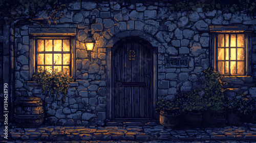 Charming Stone House with Lighted Windows and Wooden Doorway in Pixel Art Style during Night Time
