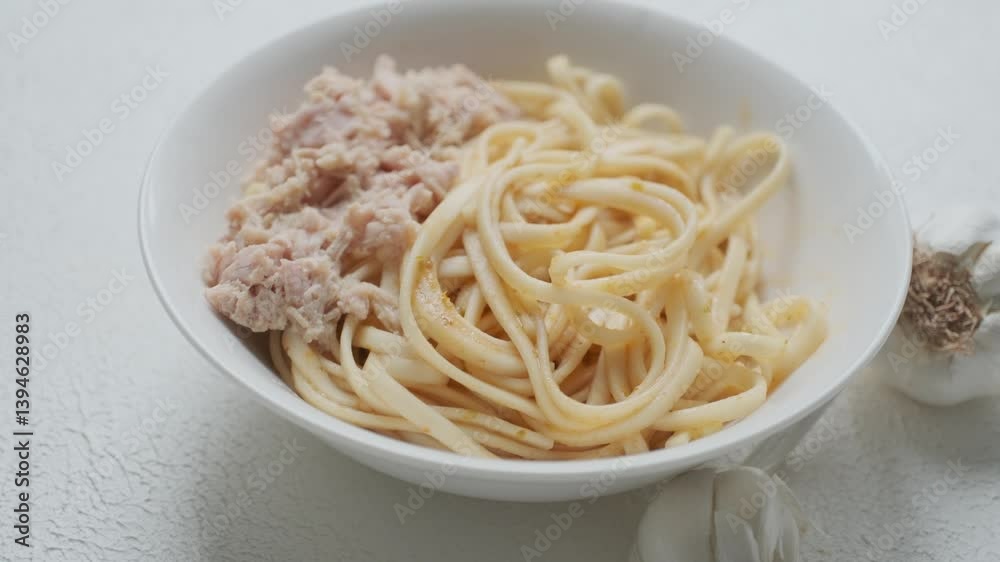 Udon Noodles Asian Traditional Tuna with Coconut Bowl Udon Noodles Asian Traditional Tuna with Coconut Bowl