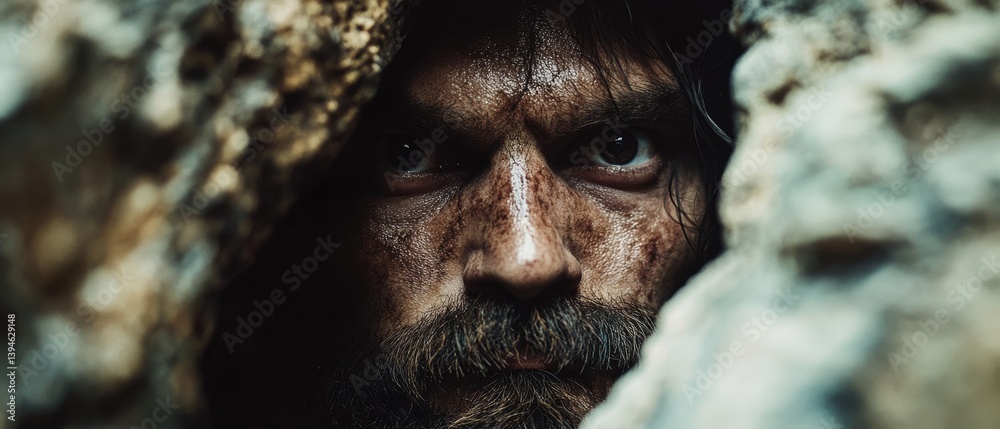 Obraz premium An intense gaze peers through rugged rock, capturing a moment of raw determination, resilience, and survival against nature's elements.