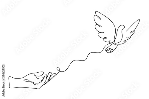 Flying dove from opened hand of One continuous line drawing. Bird symbol of peace and freedom in simple linear style. Concept for wedding invitation icon. Editable stroke. Doodle vector illustration