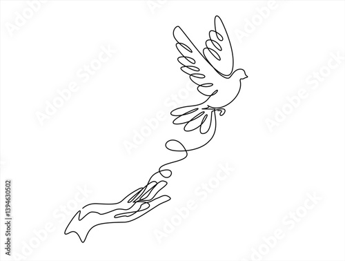 Flying dove from opened hand of One continuous line drawing. Bird symbol of peace and freedom in simple linear style. Concept for wedding invitation icon. Editable stroke. Doodle vector illustration