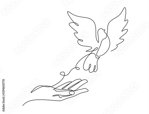 Flying dove from opened hand of One continuous line drawing. Bird symbol of peace and freedom in simple linear style. Concept for wedding invitation icon. Editable stroke. Doodle vector illustration