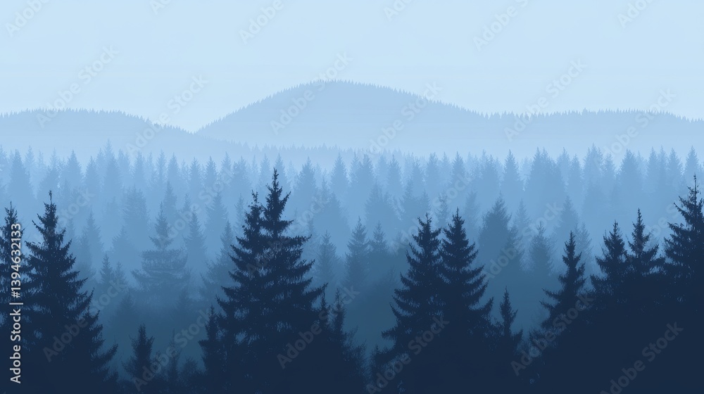 Fototapeta premium Vector silhouette of a dense pine tree line in forest landscape. Minimal black design representing nature, wilderness, tranquility, woodland scenery, evergreen trees and outdoor environment