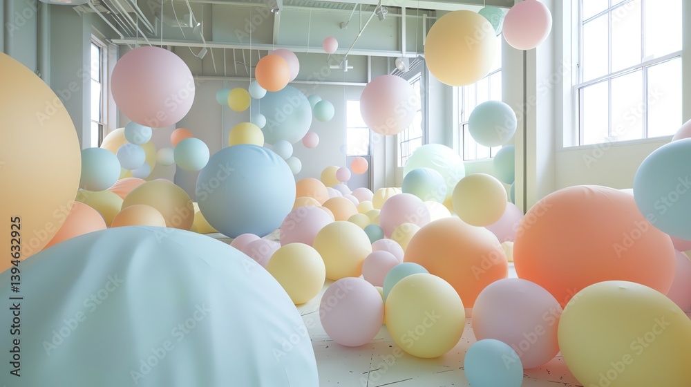A large room filled with pastel-colored balloons. The balloons are all different sizes and are floating at different heights.