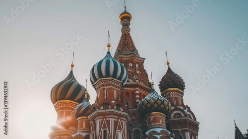 The iconic cupolas of Saint Basil Cathedral, each uniquely patterned and illuminated by golden sunlight, standing against a crisp sky.