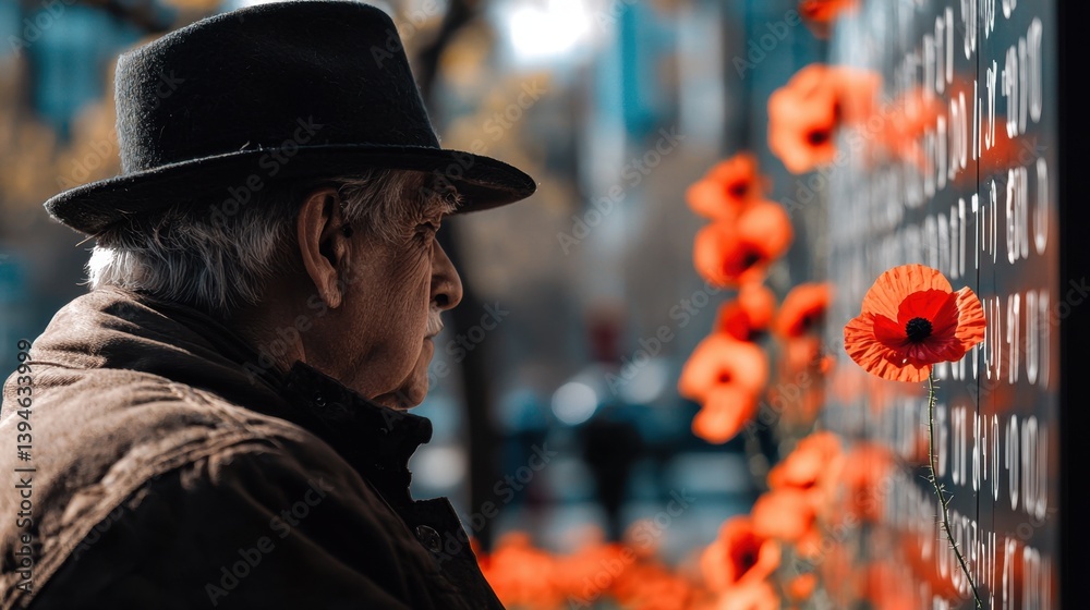 Veteran standing before a wall of engraved names, red poppy in hand, emotional Remembrance Day tribute.