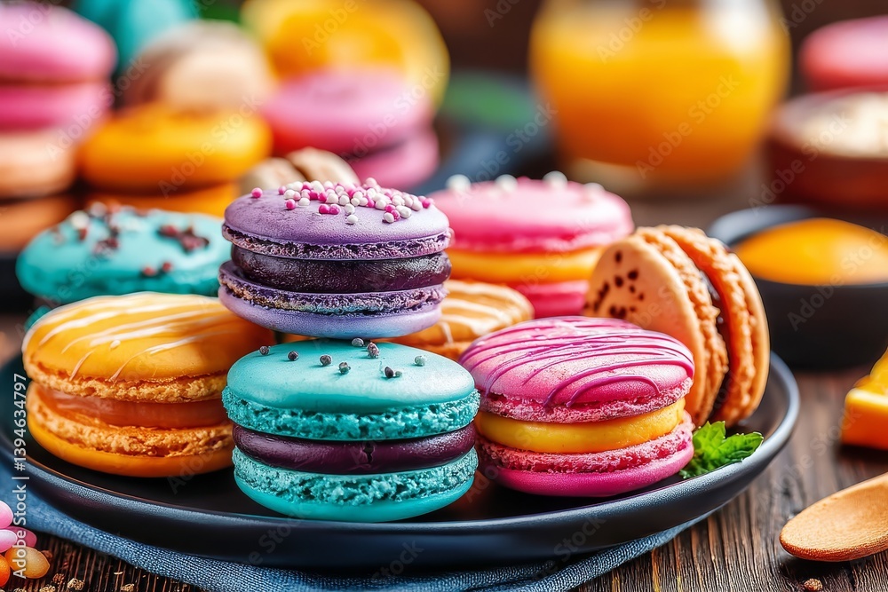 Fototapeta premium Variada selección de macarons en tonos pastel dispuestos con elegancia en un plato en una mesa acogedora