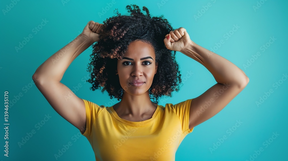 Beautiful young woman with curly hair wearing a yellow shirt, holding her hair up with her hands, looking at the camera with a confident expression on