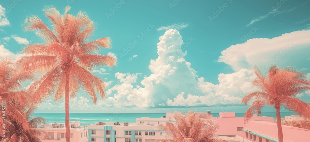 Tropical Miami Beach skyline with palm trees and vibrant pastel colors