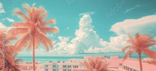 Obraz na płótnie Tropical Miami Beach skyline with palm trees and vibrant pastel colors w salonie