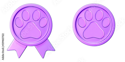 3d purple winner medal with sign paw and ribbon. Coin with paw. Stock vector illustration on isolated background.