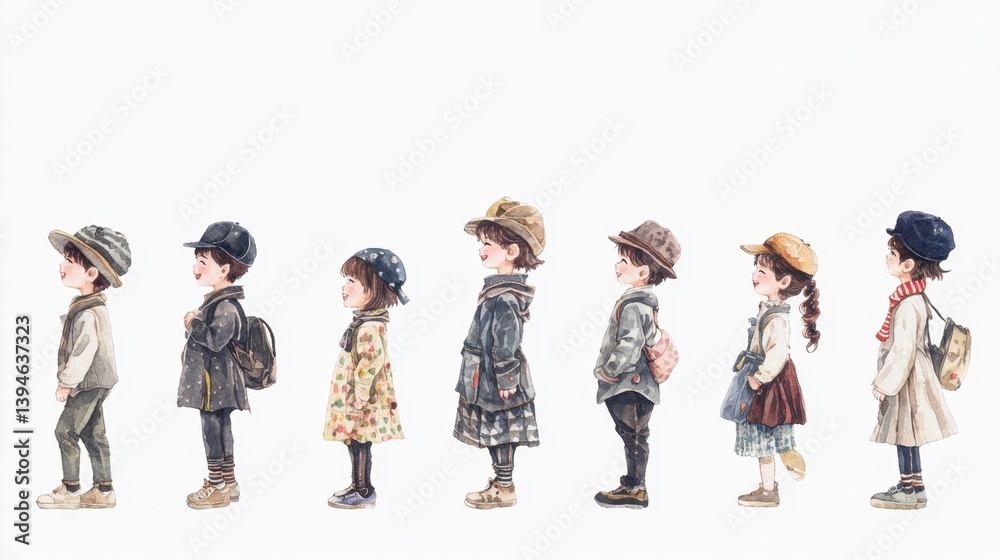 Fototapeta premium Watercolor artwork of happy preschool children, each with unique expressions and outfits, standing in a row for a heartwarming composition.