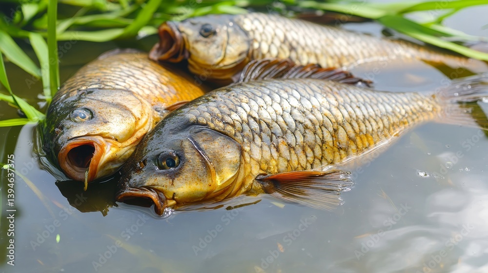 Close-up of dead fish floating in polluted river water after toxic chemical spill accident. Concept of environmental disaster, contamination, water pollution, ecosystem damage, and ecological crisis Close-up of dead fish floating in polluted river water after toxic chemical spill accident. Concept of environmental disaster, contamination, water pollution, ecosystem damage, and ecological crisis