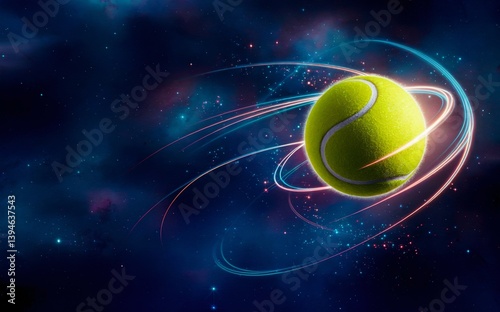 A glowing tennis ball appears in a vivid cosmic scene, surrounded by dynamic colorful light trails