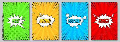 Set of comic pop art poster. Vintage retro design. Radial backdrop with halftone elements.