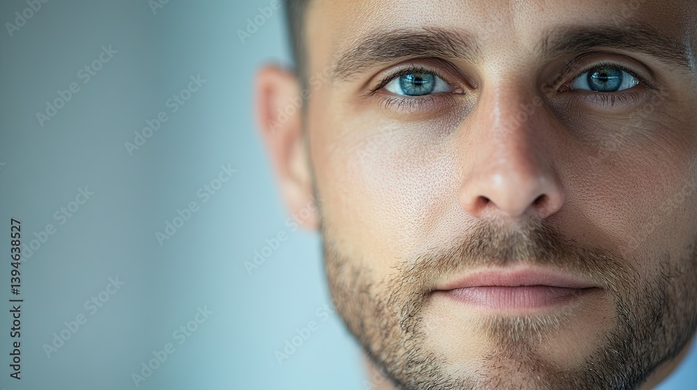 Man looking towards camera, blue eyes Man looking towards camera, blue eyes