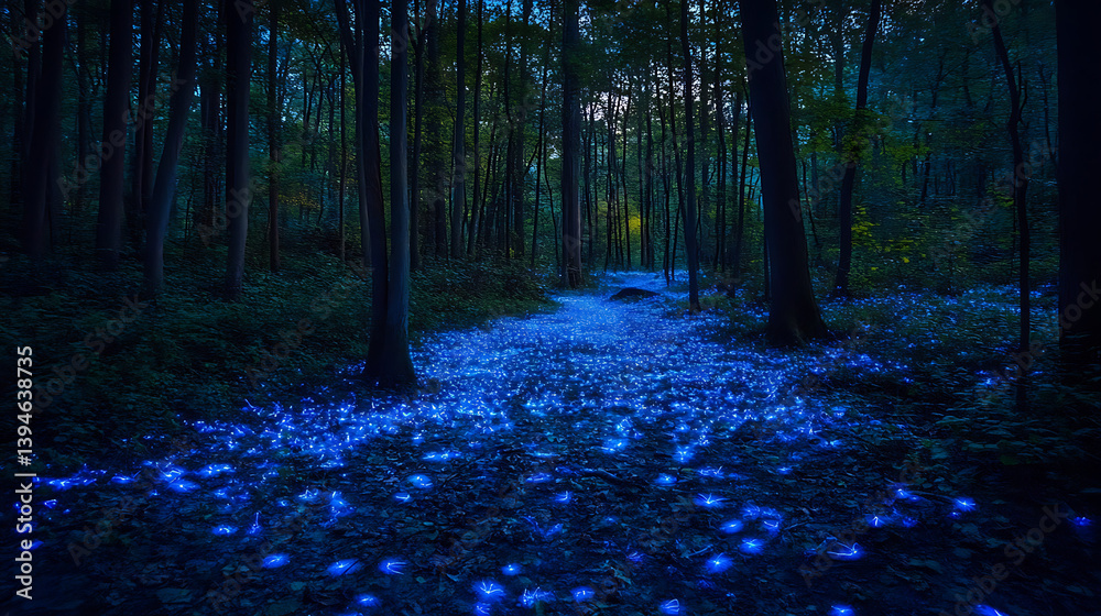 Fototapeta premium mystical forest illuminated by glowing bioluminescent plants, creating magical and serene atmosphere under twilight sky. vibrant blue light contrasts beautifully with dark trees