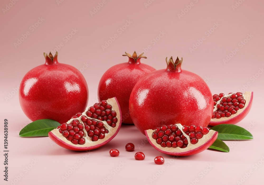 A vibrant display of whole and sliced pomegranates against a soft pink backdrop showcasing freshness and color A vibrant display of whole and sliced pomegranates against a soft pink backdrop showcasing freshness and color