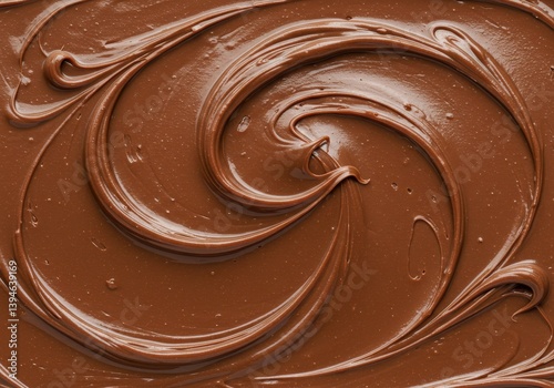 Close up of swirled rich brown chocolate spread creating a mesmerizing pattern and texture view