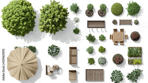 Overhead view of a serene park design featuring lush greenery wooden benches a gazebo and a charming dining set under soft