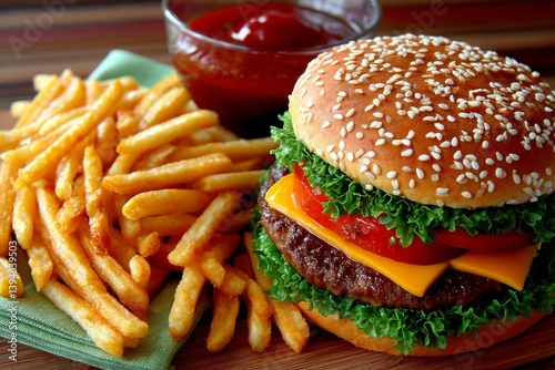 Deliciosa hamburguesa con papas fritas y salsa en una mesa de madera