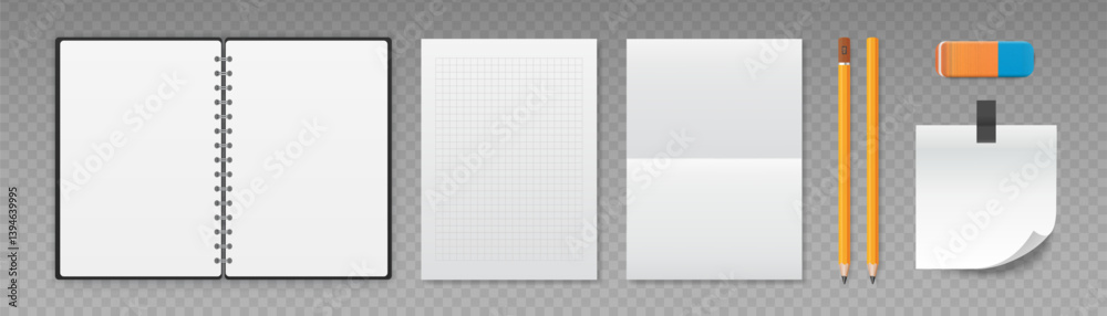 A4 paper sheets, notepad, pencils and eraser. Writing set, school and office supplies. Vector illustration A4 paper sheets, notepad, pencils and eraser. Writing set, school and office supplies. Vector illustration