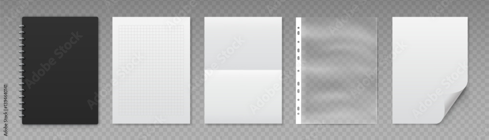 A4 paper sheet set, notepad and file pocket. Writing set, school and office supplies. Vector illustration A4 paper sheet set, notepad and file pocket. Writing set, school and office supplies. Vector illustration
