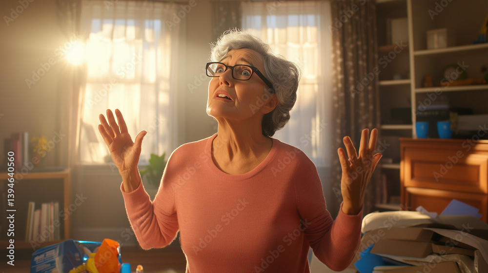 Elderly woman with confused expression standing in a sunlit living room, hands slightly raised in uncertainty amidst scattered household items.