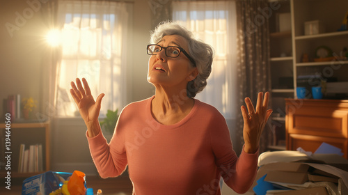 Obraz na płótnie Elderly woman with confused expression standing in a sunlit living room, hands slightly raised in uncertainty amidst scattered household items. w salonie