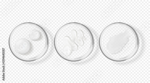 Clear transparent skincare beauty product or lubricant stroke and smears in Petri dish isolated realistic vector illustration. Cleanser gel, serum with acid, shampoo skin care wavy sample texture