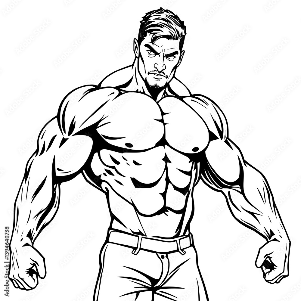 Muscular Man Portrait: A striking illustration of a muscular, fit man exudes power and determination, rendered in a bold, monochromatic style. Muscular Man Portrait: A striking illustration of a muscular, fit man exudes power and determination, rendered in a bold, monochromatic style.