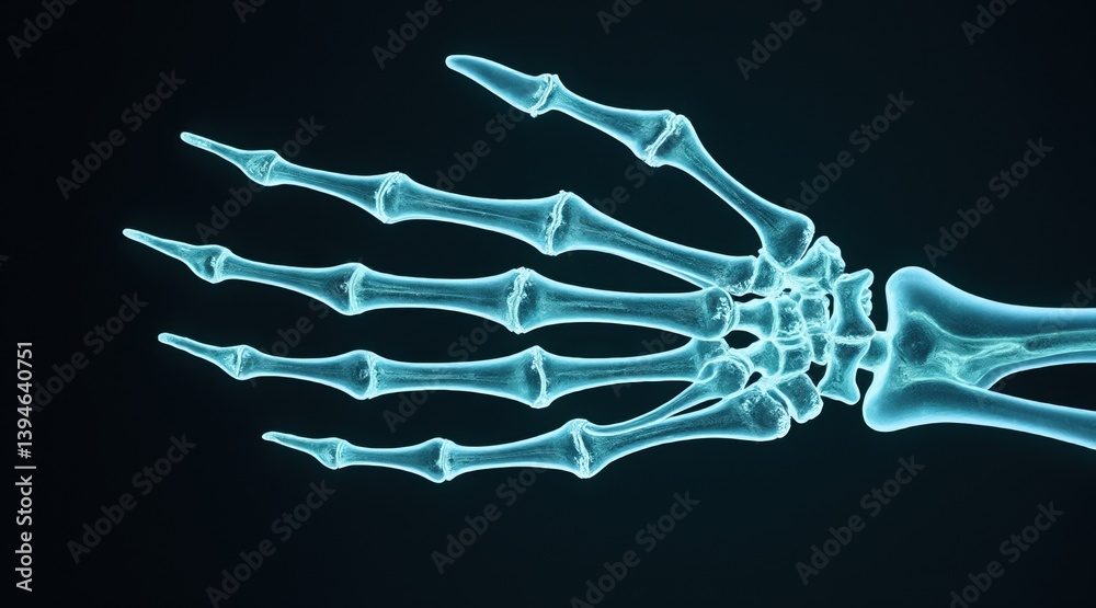 X-ray image of a human hand skeleton showing detailed bone structure. X-ray image of a human hand skeleton showing detailed bone structure.