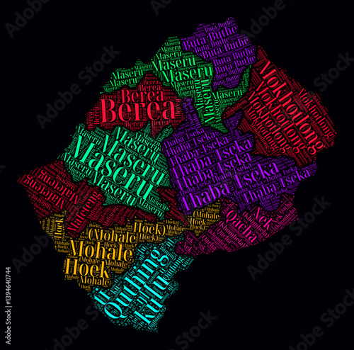 Lesotho regions word clouds. Bright neon style design on dark background. Region names of the country in English language. Country shape with administrative division. Elegant vector illustration.