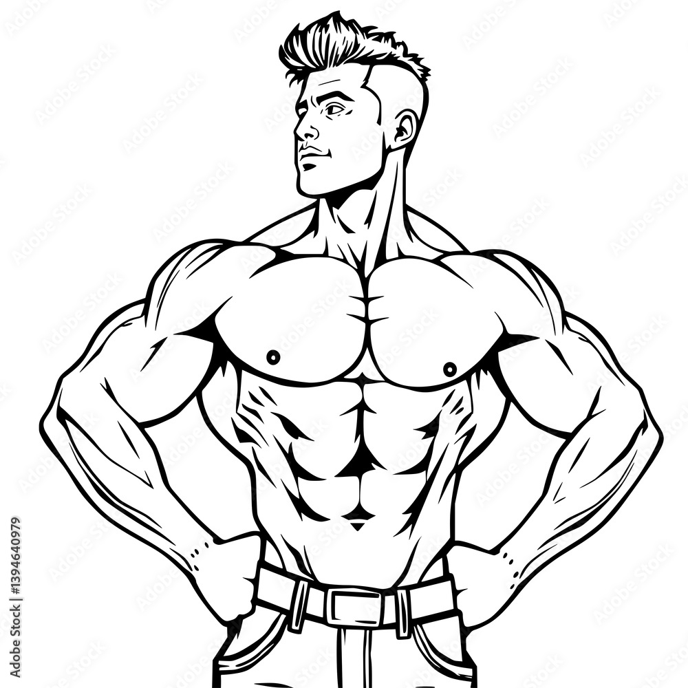 Fototapeta premium Muscular Figure in Action: A bold, black and white illustration of a muscular man. Emphasizing strength, fitness, and a determined outlook.
