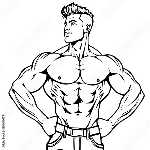 Wallpaper Mural Muscular Figure in Action: A bold, black and white illustration of a muscular man. Emphasizing strength, fitness, and a determined outlook. Torontodigital.ca