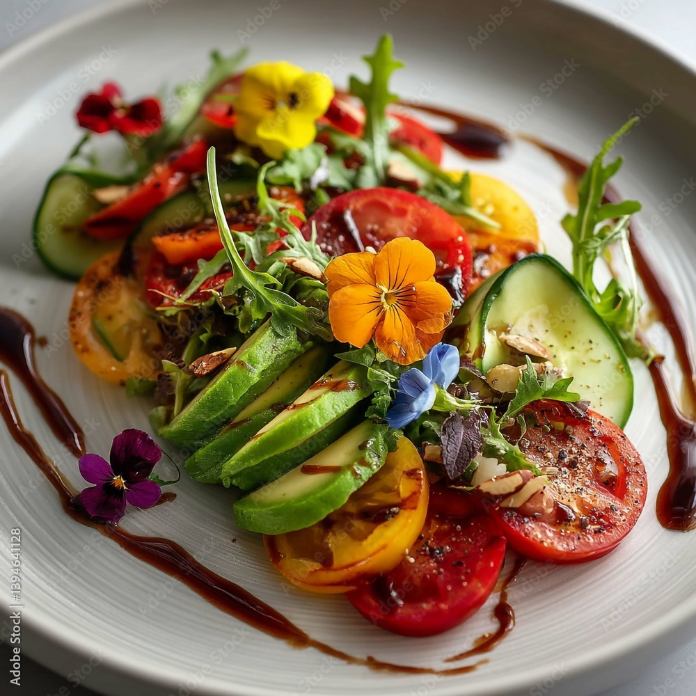 Fresh Gourmet Salad with Heirloom Tomatoes, Cucumbers, Avocado, Greens, Edible Flowers, and Balsamic Glaze on a White Plate – Healthy Organic Vegetarian Cuisine Fresh Gourmet Salad with Heirloom Tomatoes, Cucumbers, Avocado, Greens, Edible Flowers, and Balsamic Glaze on a White Plate – Healthy Organic Vegetarian Cuisine
