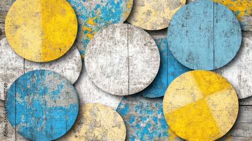 Abstract Painted Circles: A visually striking composition of overlapping, textured circles in varying shades of blue, yellow, and gray creates a dynamic and artistic aesthetic.