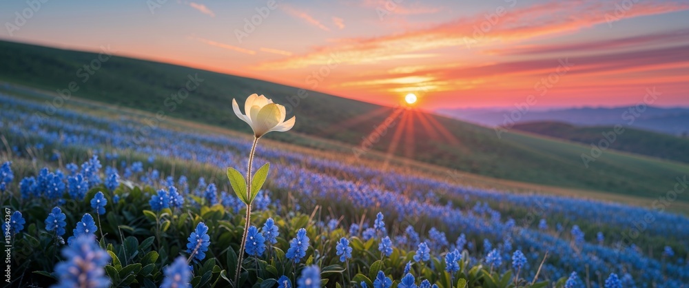 Solitary flower in blue field amidst stunning sunset.
