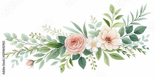 A floral arrangement featuring soft pink roses, delicate white flowers, and lush green leaves, creating a harmonious composition.