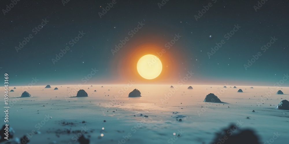 Planet earth and sun emerging from asteroid field in space