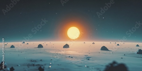 Obraz na płótnie Planet earth and sun emerging from asteroid field in space w salonie