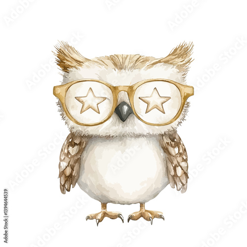 Wise Owl with Starry Gaze: An adorable illustration of an owl wearing glasses with star reflections in the lens, capturing a whimsical charm.